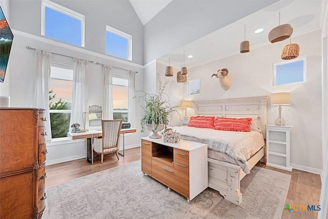 bedroom featuring multiple windows, wood finished floors, and baseboards