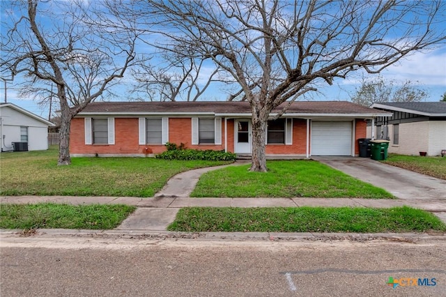 ranch-style house with central AC, a front yard, and a garage