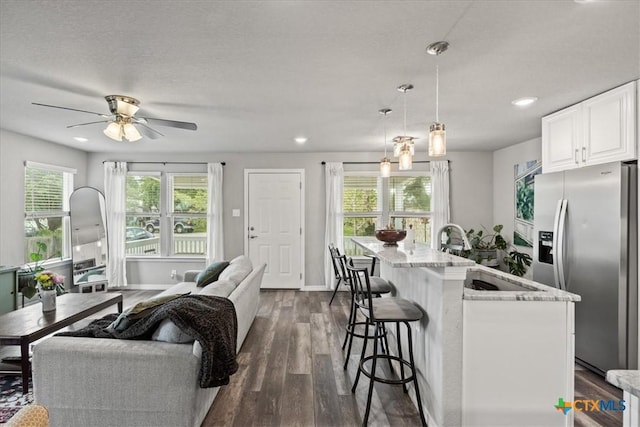458 Seele St, New Braunfels, TX 78130 - kitchen featuring stainless steel fridge with ice dispenser, an island with sink, plenty of natural light, white cabinets, and recessed lighting