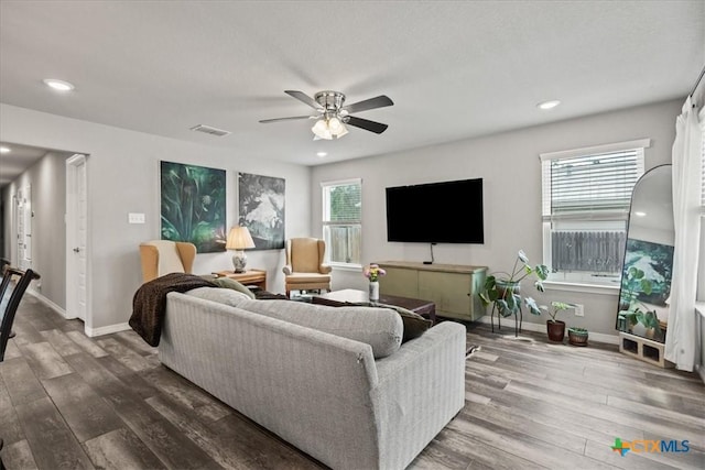 458 Seele St, New Braunfels, TX 78130 - living area featuring wood finished floors, a ceiling fan, baseboards, and recessed lighting