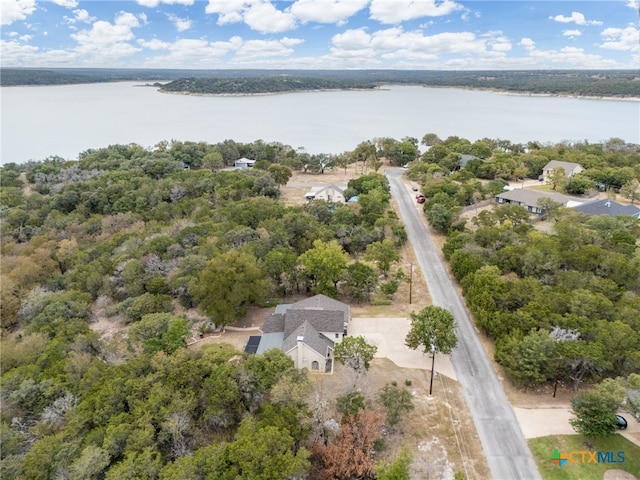 bird's eye view with a water view and a forest view