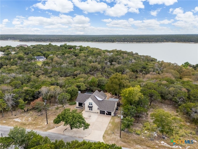 birds eye view of property with a water view and a forest view