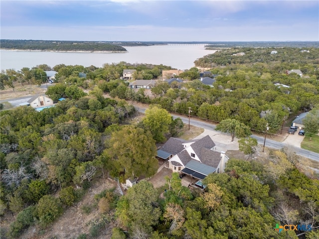 aerial view with a water view and a view of trees