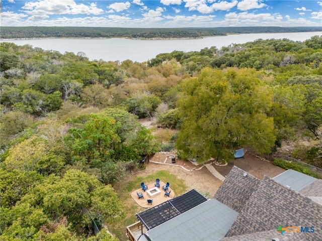 aerial view featuring a water view and a wooded view