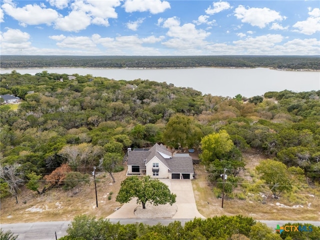 bird's eye view with a water view and a forest view