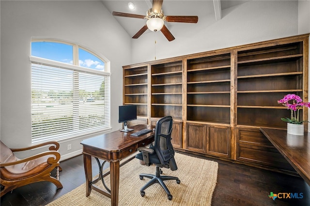 office space featuring high vaulted ceiling, baseboards, dark wood-style flooring, and ceiling fan