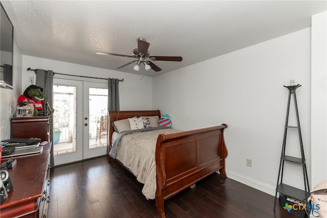 bedroom featuring access to outside, french doors, a textured ceiling, dark hardwood / wood-style floors, and ceiling fan