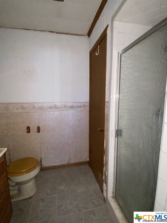 bathroom featuring tile walls, an enclosed shower, vanity, and toilet