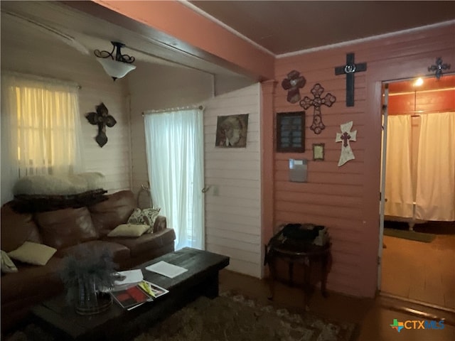 living room featuring wood walls