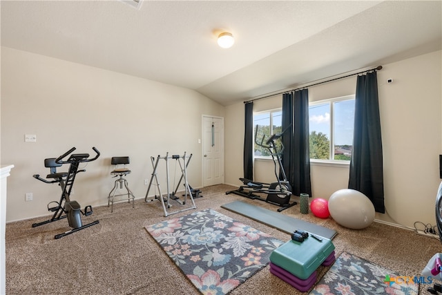 workout room with carpet flooring and lofted ceiling