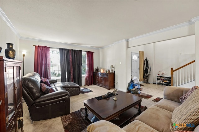 living room featuring a textured ceiling, light carpet, and crown molding