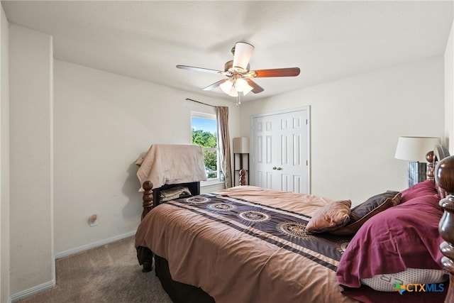 bedroom with a closet, carpet, and ceiling fan