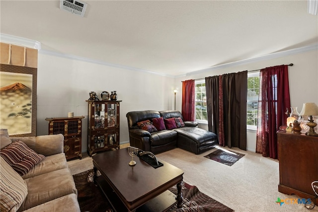 carpeted living room with ornamental molding