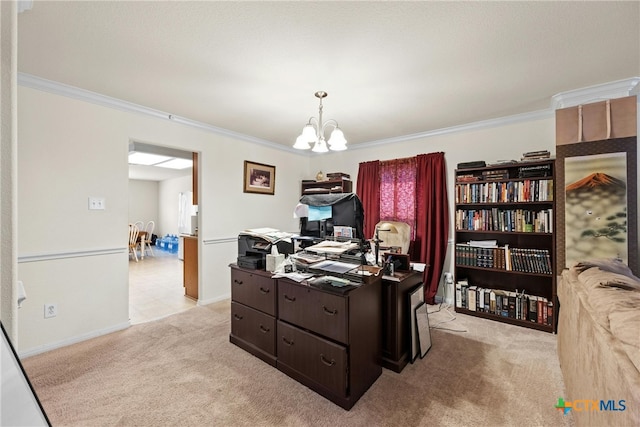 home office with light colored carpet, a notable chandelier, and ornamental molding