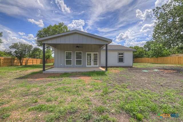 5073 Cedarside, San Marcos, TX 78666 - rear view of house with french doors, a ceiling fan, a patio area, and a fenced backyard