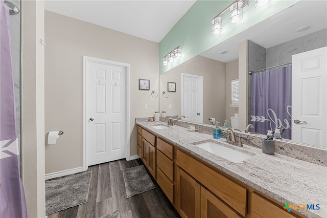 bathroom with wood-type flooring, toilet, vanity, and a shower with curtain