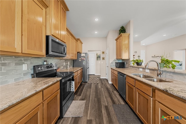 kitchen with tasteful backsplash, appliances with stainless steel finishes, dark hardwood / wood-style floors, light stone countertops, and sink