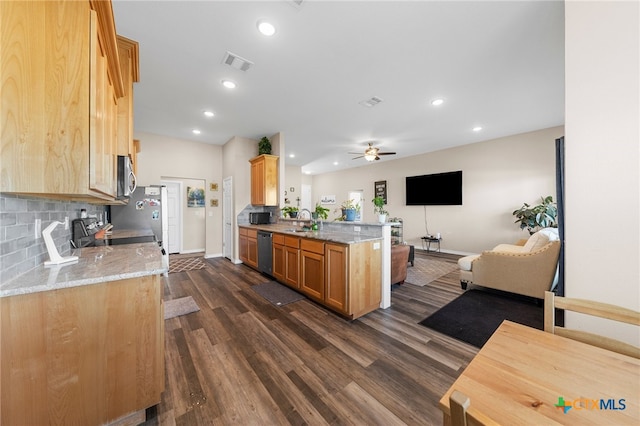 kitchen featuring appliances with stainless steel finishes, dark wood-type flooring, ceiling fan, and light stone countertops