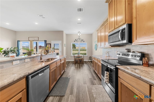 kitchen with dark wood-type flooring, sink, a healthy amount of sunlight, and stainless steel appliances