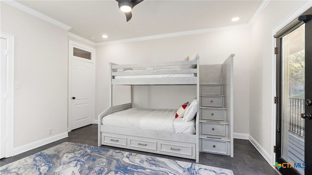 bedroom featuring ceiling fan, ornamental molding, and access to outside