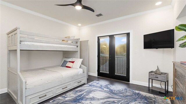 bedroom featuring french doors, crown molding, ceiling fan, access to exterior, and dark hardwood / wood-style flooring