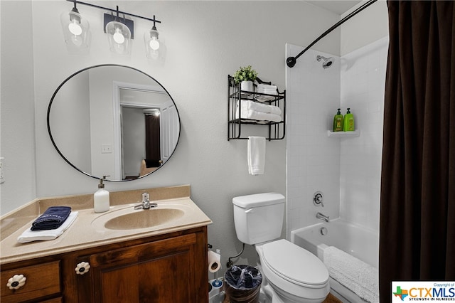 full bathroom featuring toilet, shower / tub combo, and vanity