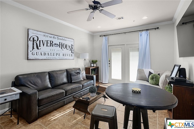 living area featuring a ceiling fan, recessed lighting, visible vents, and crown molding