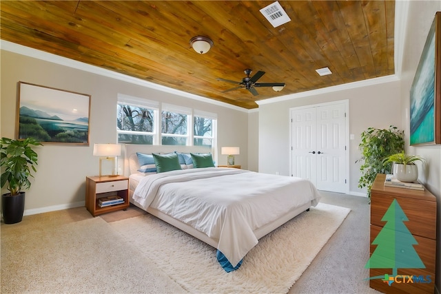 bedroom with carpet, baseboards, visible vents, ornamental molding, and wood ceiling