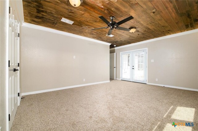 unfurnished room featuring wooden ceiling, baseboards, a ceiling fan, and ornamental molding