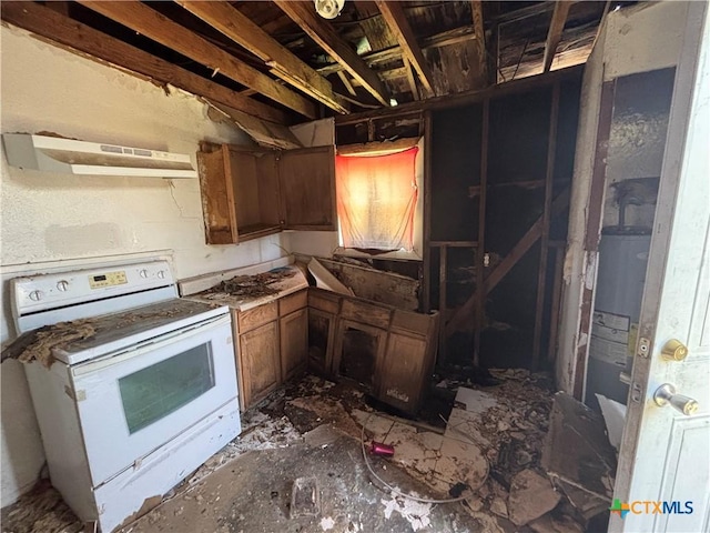 1702 E Heritage Ave, Temple, TX 76501 - kitchen featuring white electric range oven, under cabinet range hood, and water heater