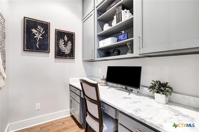 home office featuring built in desk and light hardwood / wood-style floors