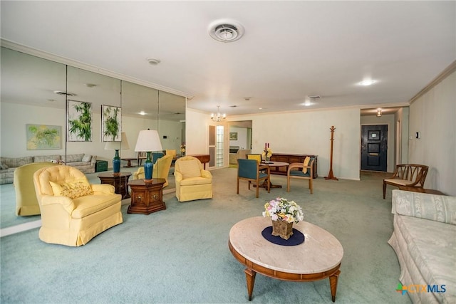 carpeted living area featuring ornamental molding, a notable chandelier, and visible vents