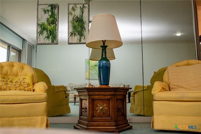living area featuring carpet floors and ornamental molding