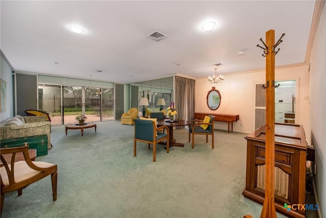 carpeted living room featuring visible vents and crown molding