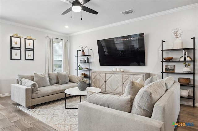 2516 Arno St, Harker Heights, TX 76548 - living room featuring ceiling fan, wood finished floors, crown molding, and recessed lighting