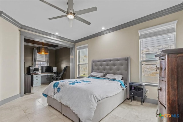 bedroom featuring ceiling fan, crown molding, baseboards, and light tile patterned floors