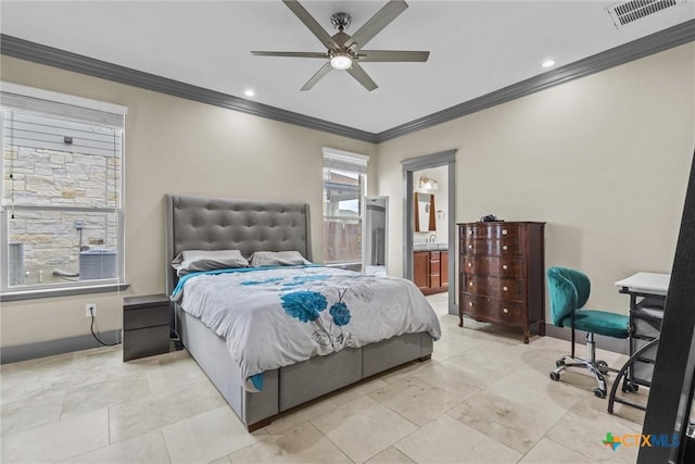 bedroom with baseboards, visible vents, a ceiling fan, ornamental molding, and ensuite bathroom