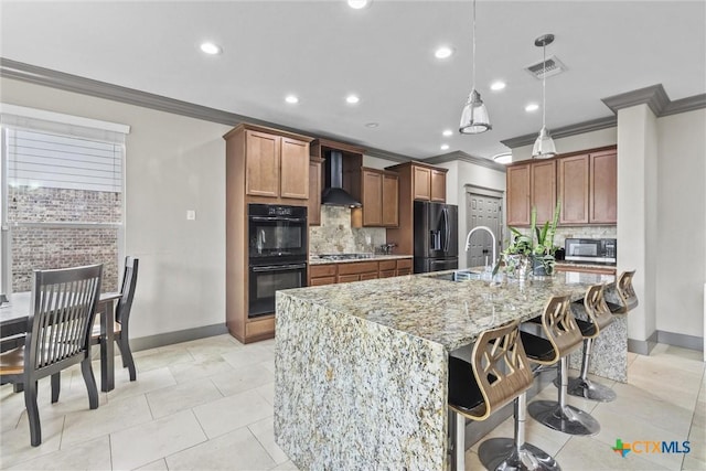 kitchen with dobule oven black, stainless steel gas cooktop, visible vents, wall chimney range hood, and fridge with ice dispenser