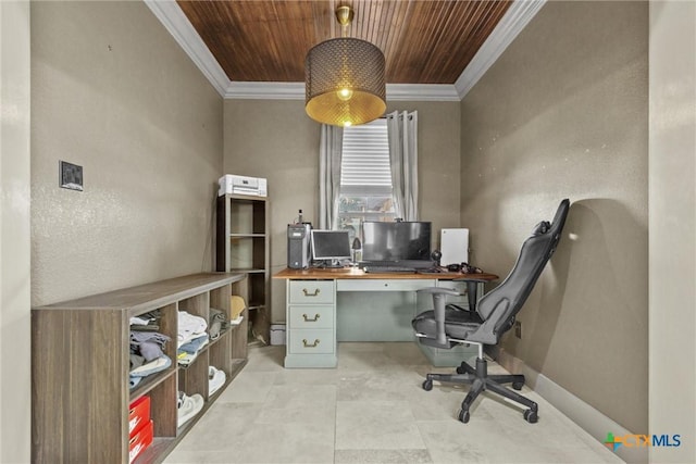 home office with wooden ceiling, baseboards, and ornamental molding