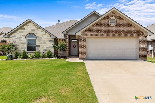 2918 Kyndal Dr, Temple, TX 76502 - view of front of home featuring brick siding, driveway, a front yard, a shingled roof, and a garage