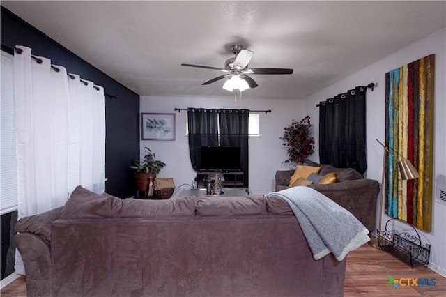 living room featuring ceiling fan and wood-type flooring