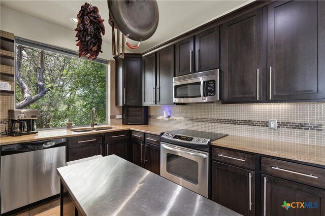 2919 Colleen Dr, Canyon Lake, TX 78133 - kitchen with a sink, tasteful backsplash, appliances with stainless steel finishes, and dark brown cabinetry