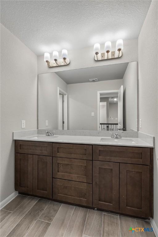 416 Stellar Wind Dr, Georgetown, TX 78628 - bathroom with vanity and a textured ceiling