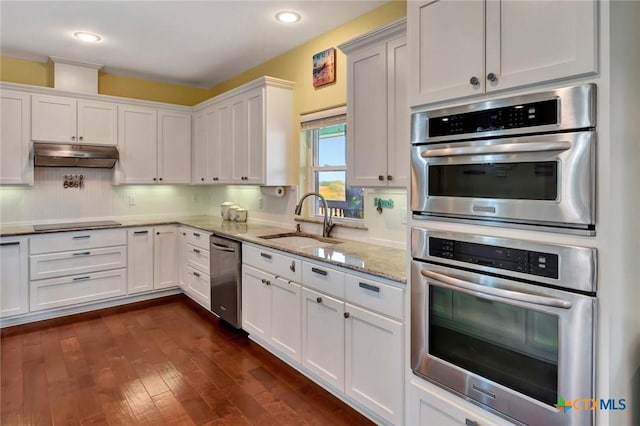 kitchen featuring tasteful backsplash, light stone countertops, under cabinet range hood, appliances with stainless steel finishes, and a sink