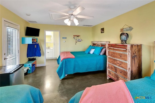 bedroom with visible vents, a ceiling fan, refrigerator, concrete floors, and attic access