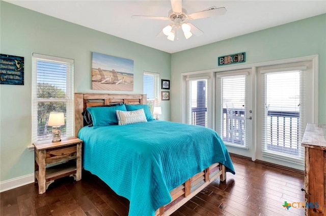 bedroom with ceiling fan, hardwood / wood-style floors, baseboards, and access to outside