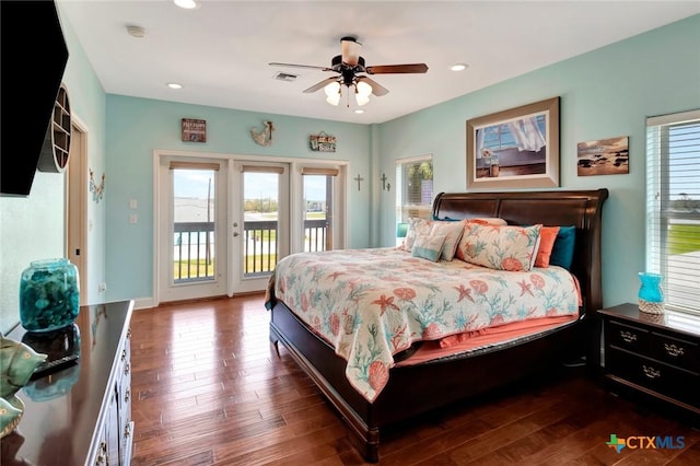 bedroom featuring recessed lighting, visible vents, wood finished floors, and access to exterior