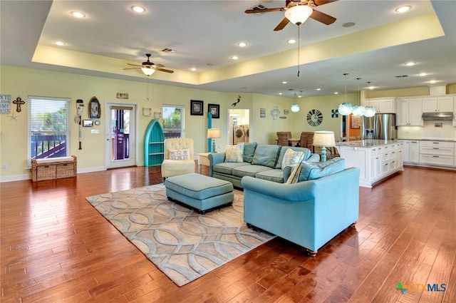 living room featuring a raised ceiling, ceiling fan, and hardwood / wood-style flooring