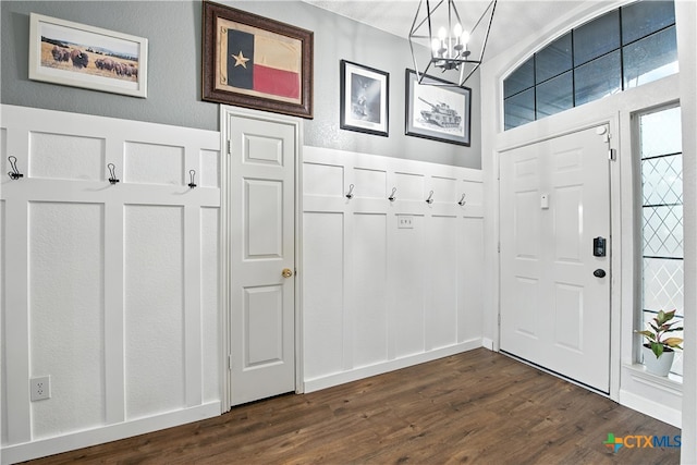 604 Totem Trl, Harker Heights, TX 76548 - mudroom featuring a chandelier, dark wood-style floors, and a wainscoted wall