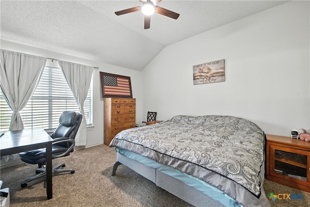 604 Totem Trl, Harker Heights, TX 76548 - carpeted bedroom with an office area, lofted ceiling, a ceiling fan, and a textured ceiling